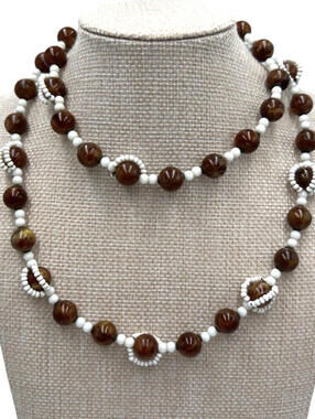 Miriam Haskell Bead Necklace Glass Brown & White Wrap Around